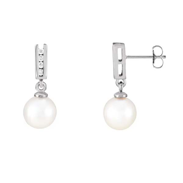 14K White Cultured White Akoya Pearl & 1/8 CTW Diamond Earrings