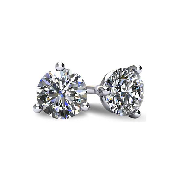 3-PRONG 14K WHITE GOLD MARTINI-STYLE ROUND DIAMOND STUD EARRINGS WITH FRICTION BACKS