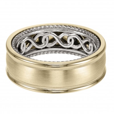 Men's Wedding Band With Infinity Pattern With Rope Edge Inside And Dome Profile With Milgrain Detail And Dome Edge. Available In Multiple White, Yellow And Rose Gold Color Combinations.