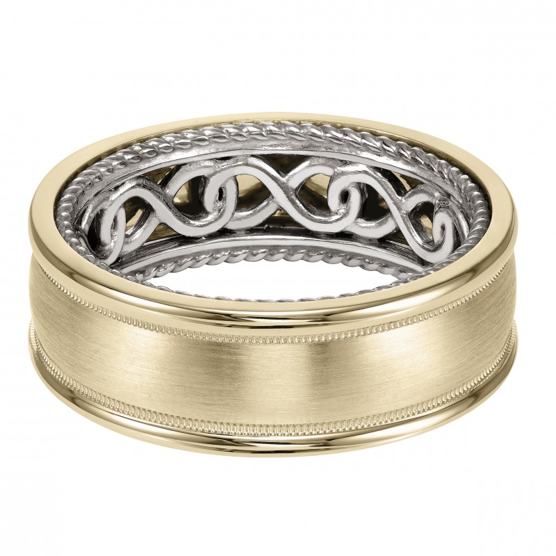 Men's Wedding Band With Infinity Pattern With Rope Edge Inside And Dome Profile With Milgrain Detail And Dome Edge. Available In Multiple White, Yellow And Rose Gold Color Combinations.