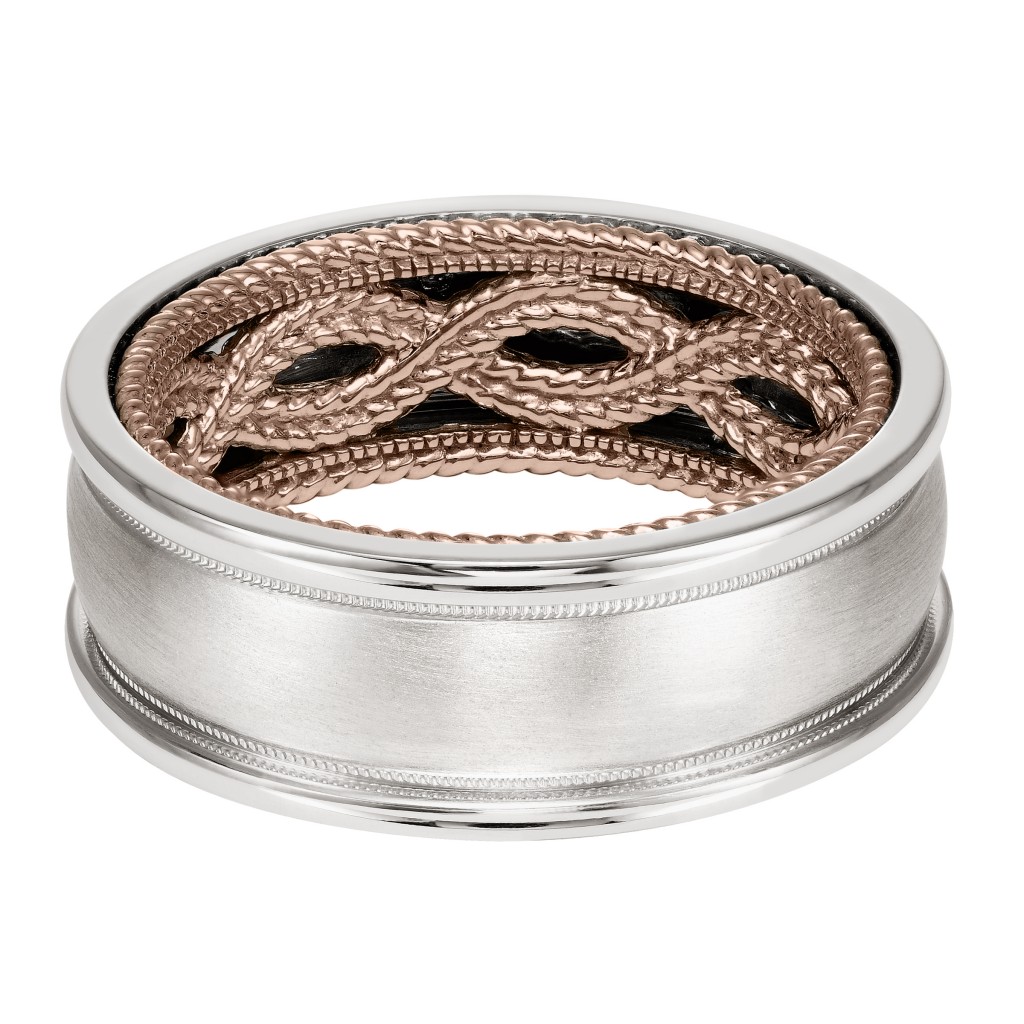 Men's Wedding Band With Rope Pattern And Coin Edge Inside And Dome Profile With Milgrain Detail And Dome Edge. Available In Multiple White, Yellow And Rose Gold Color Combinations.