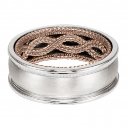 Men's Wedding Band With Rope Pattern And Coin Edge Inside And Dome Profile With Milgrain Detail And Dome Edge. Available In Multiple White, Yellow And Rose Gold Color Combinations.