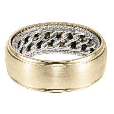 Men's Wedding Band With Double Chain Pattern With Rope Edge Inside And Dome Profile With Round Edge. Available In Multiple White, Yellow And Rose Gold Color Combinations.