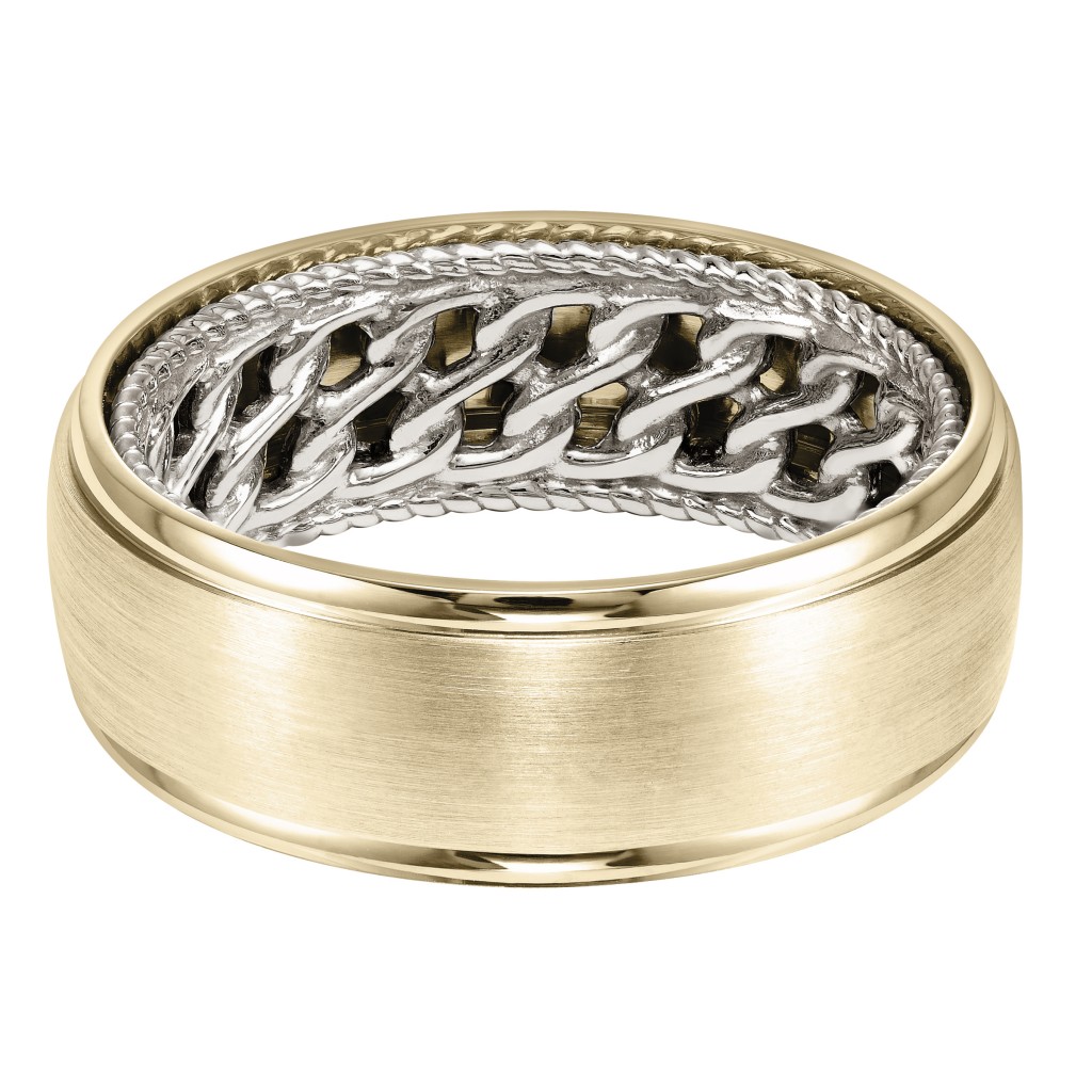 Men's Wedding Band With Double Chain Pattern With Rope Edge Inside And Dome Profile With Round Edge. Available In Multiple White, Yellow And Rose Gold Color Combinations.