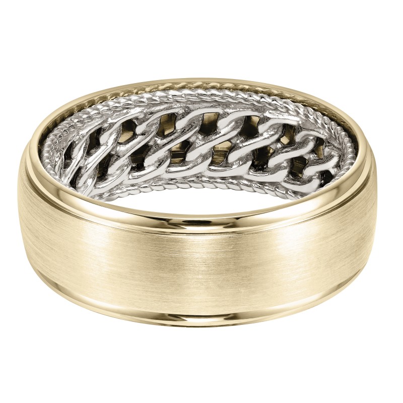 Men's Wedding Band With Double Chain Pattern With Rope Edge Inside And Dome Profile With Round Edge. Available In Multiple White, Yellow And Rose Gold Color Combinations.