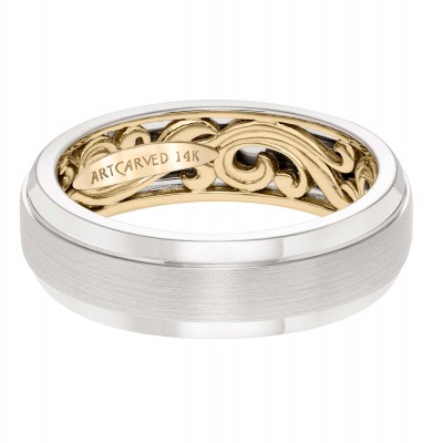 Men's Wedding Band With A Scrollwork Pattern, Satin Finish With Dome Profile And Round Edges