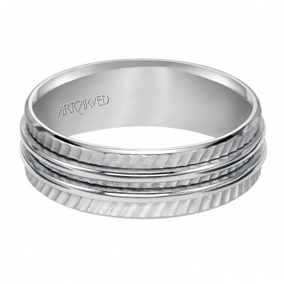 Wedding Band With Diagonal Textural Mate Finish And Two Ridges In The Center