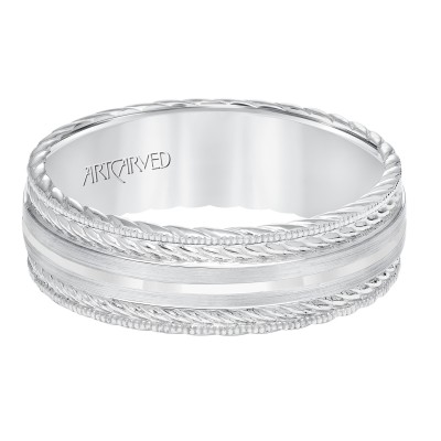 Men's Wedding Band With Satin Finish And Milgrain Edge, Rope Treatment On Top And The Sides With Flat Profile.