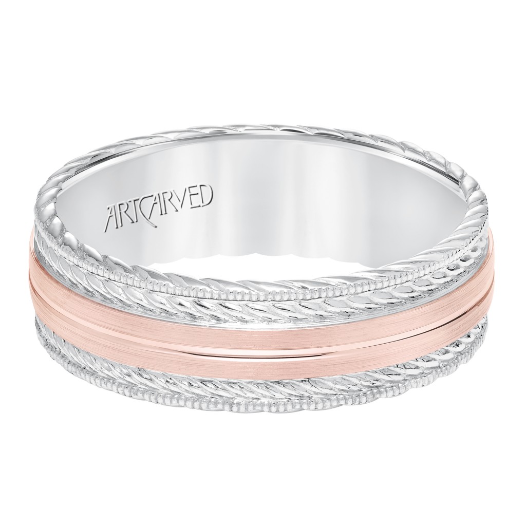 Men's Wedding Band With Satin Finish And Milgrain Edge, Rope Treatment On Top And The Sides With Flat Profile.