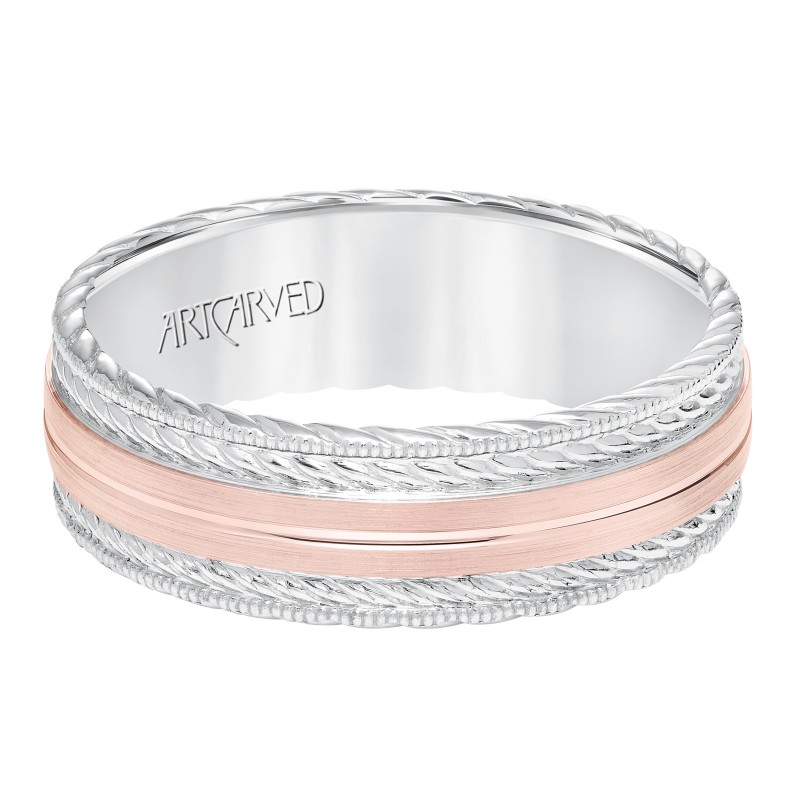 Men's Wedding Band With Satin Finish And Milgrain Edge, Rope Treatment On Top And The Sides With Flat Profile.