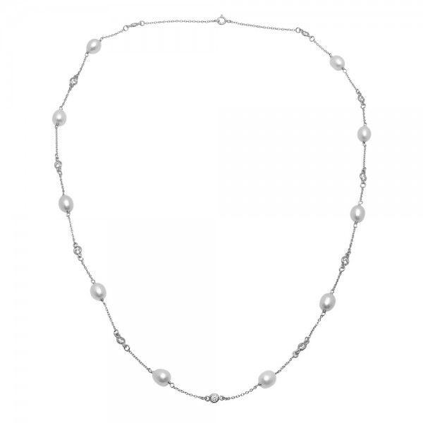 Freshwater Pearl/CZ  Sterling Silver  Necklace