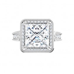 14K White 8x8 mm Square Vintage-Inspired Halo-Style Moissanite Engagement Ring