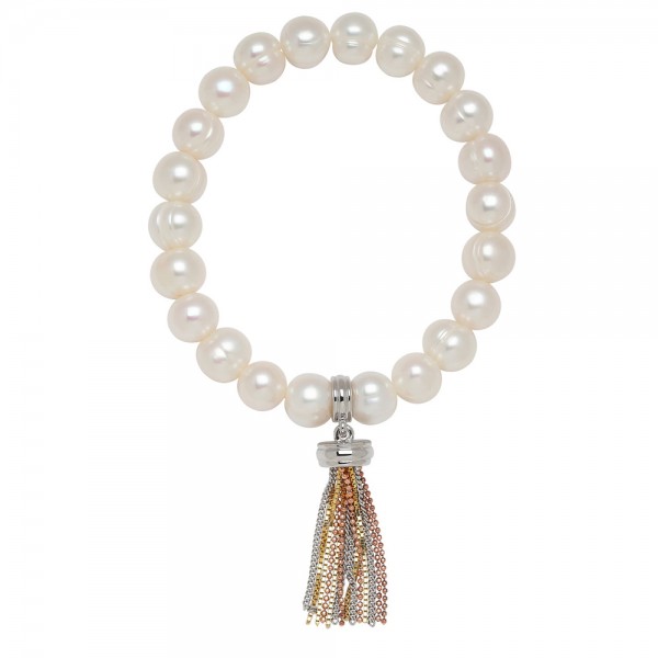 Bronze 8-9mm White Ringed Freshwater Cultured Pearl with Tri Tone Tassle Stretch Bracelet