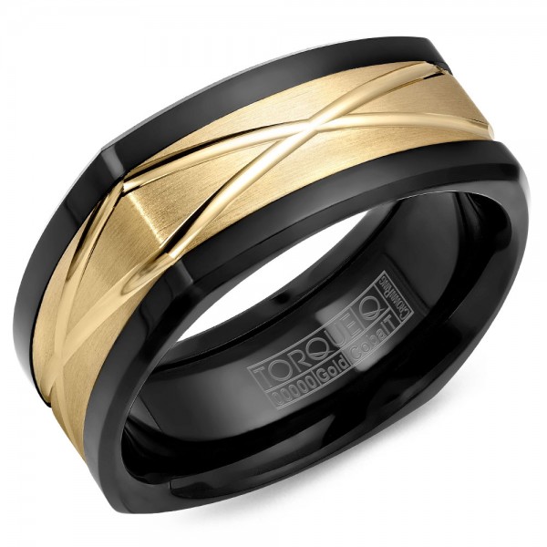 A Black Cobalt Torque Band With A Yellow Carved Gold Center.