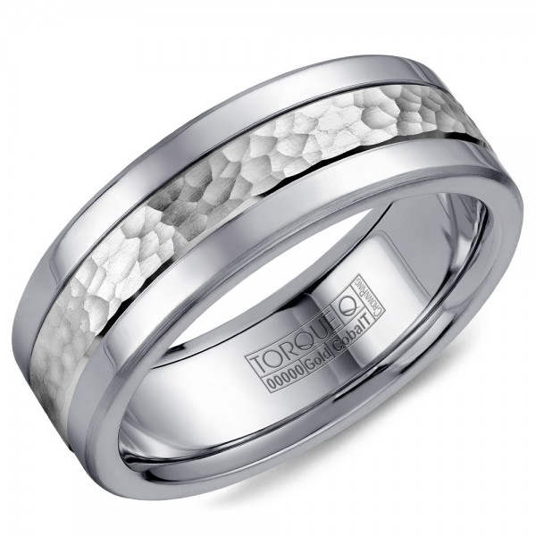 A Torque Ring In White Cobalt With A Hammered White Gold Center.