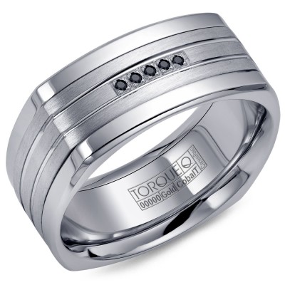 A Torque Ring In White Cobalt With A White Gold Inlay And Five Black Sapphires.