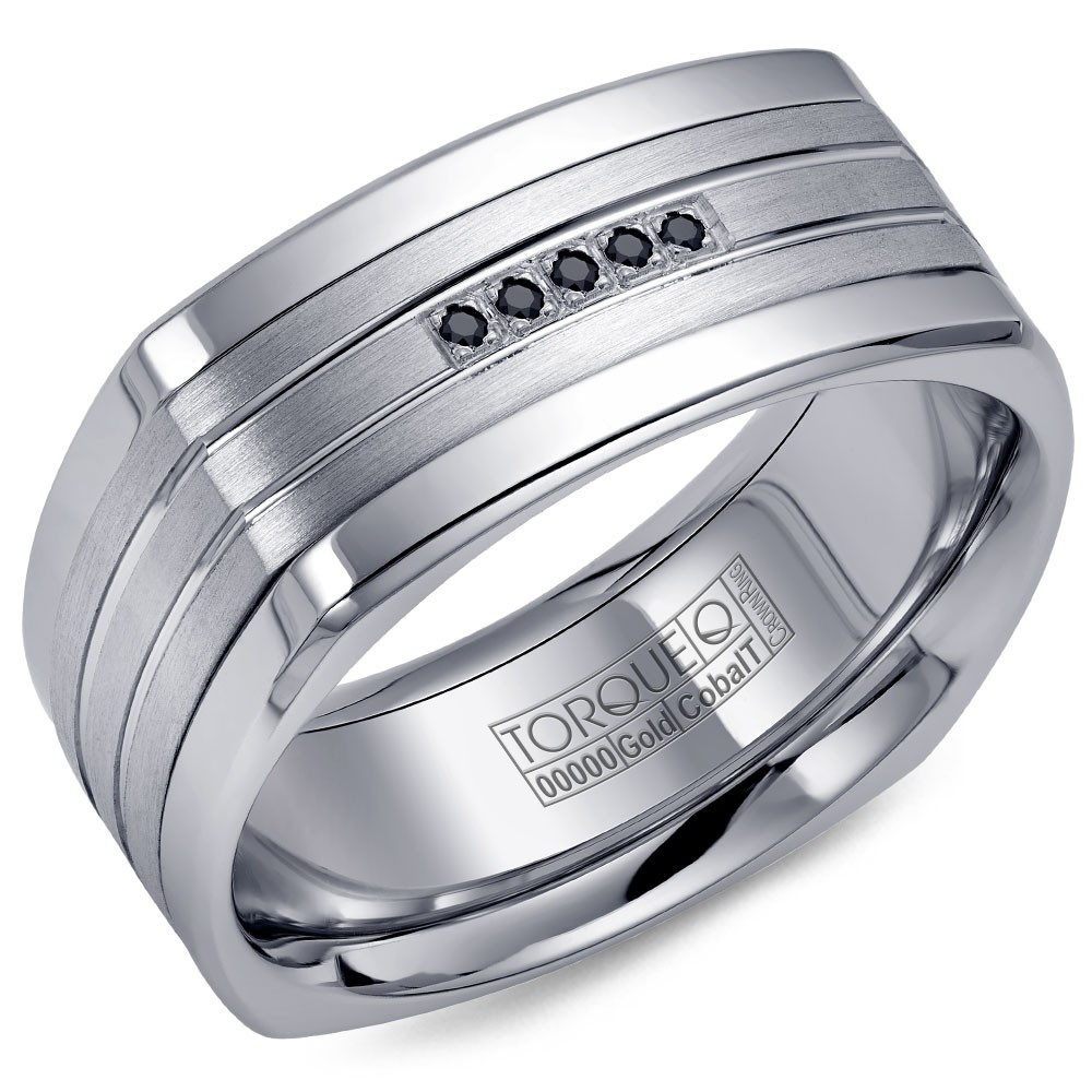A Torque Ring In White Cobalt With A White Gold Inlay And Five Black Sapphires.