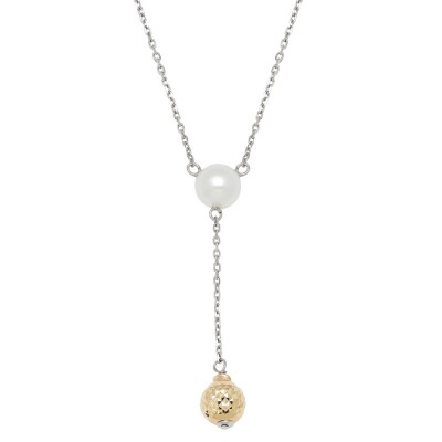 14KY Sterling Silver White Freshwater Cultured Pearl with 8mm Gold Bead Necklace