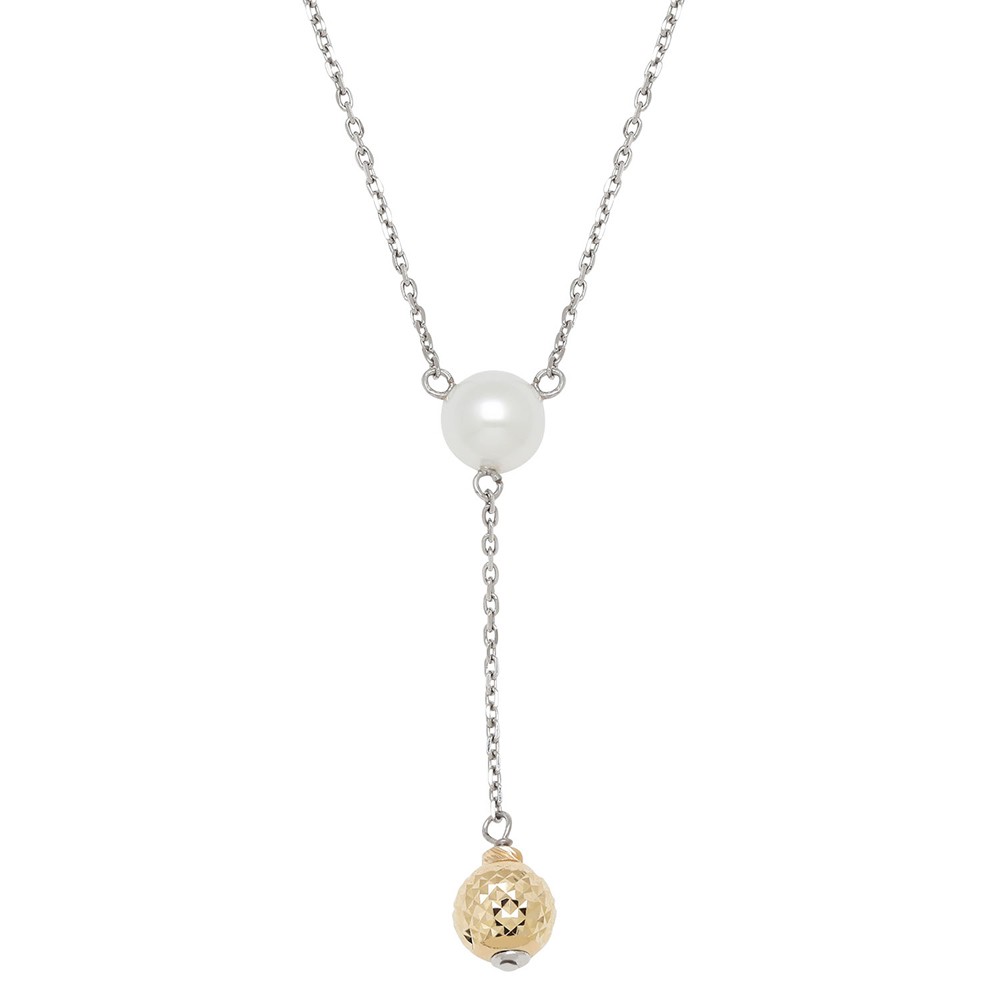 14KY Sterling Silver White Freshwater Cultured Pearl with 8mm Gold Bead Necklace
