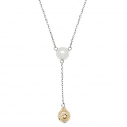 14KY Sterling Silver White Freshwater Cultured Pearl with 8mm Gold Bead Necklace