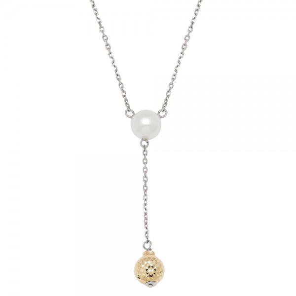 14KY Sterling Silver White Freshwater Cultured Pearl with 8mm Gold Bead Necklace