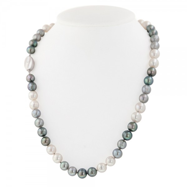 Sterling Silver 8-9MM Black, White and Gray Ringed Freshwater Cultured Pearl 18