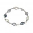 Sterling Silver 9-10MM Black White Gray Baroque Freshwater Cultured Pearl 7.5