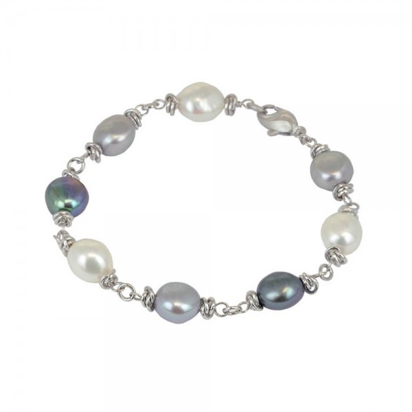 Sterling Silver 9-10MM Black White Gray Baroque Freshwater Cultured Pearl 7.5