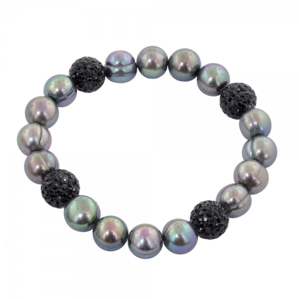 Sterling Silver 9-10mm Black Round Ringed Freshwater Cultured Pearl and 10mm Pave Crystal Bead 7.25