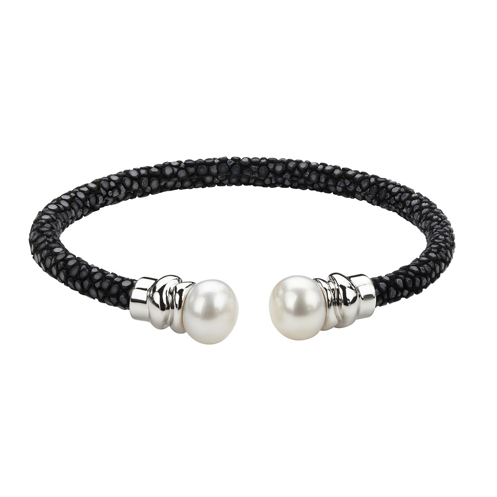 Sterling Silver 8.5-9MM Wht Button FWCP and Black Leather Stingray Cuff