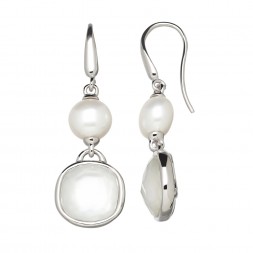 Sterling Silver 9-10mm Button Freshwater Cultured Pearl White Mother of Pearl Crystal Doublet Earrings