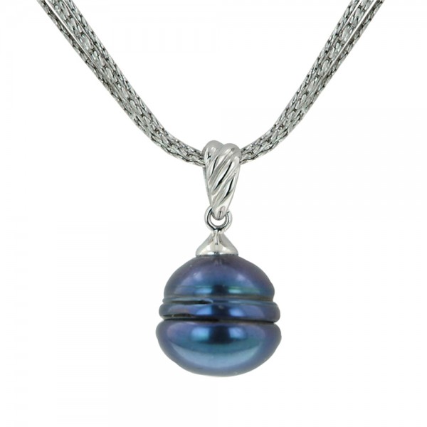 Sterling Silver 13-14 Black Ringed Freshwater Cultured Pearl 18