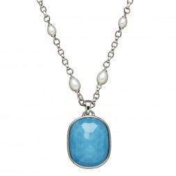 Sterling Silver 6-8mm Oval Freshwater Cultured Pearl Turquoise Doublet Enhancer on 36