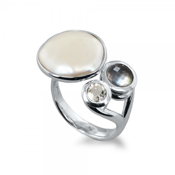 Sterling Silver 15-16mm White Baroque Coin Freshwater Cultured Pearl with Black Mother of Pearl and White Topaz Ring