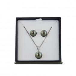 Box Set of Sterling Silver 10MM Black Button Freshwater Cultured Pearl Pendant with 9-10MM Black Button Freshwater Cultured Pearl Stud Earrings