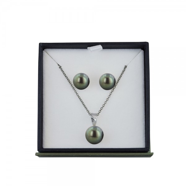 Box Set of Sterling Silver 10MM Black Button Freshwater Cultured Pearl Pendant with 9-10MM Black Button Freshwater Cultured Pearl Stud Earrings