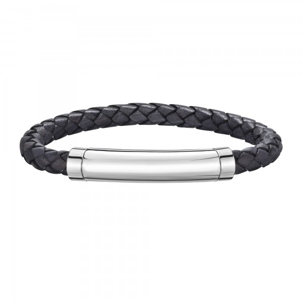 Silver With Rhodium Finish Woven Gray Leather Bracelet With Large Magnetic Clasp And  Blue Sapphire