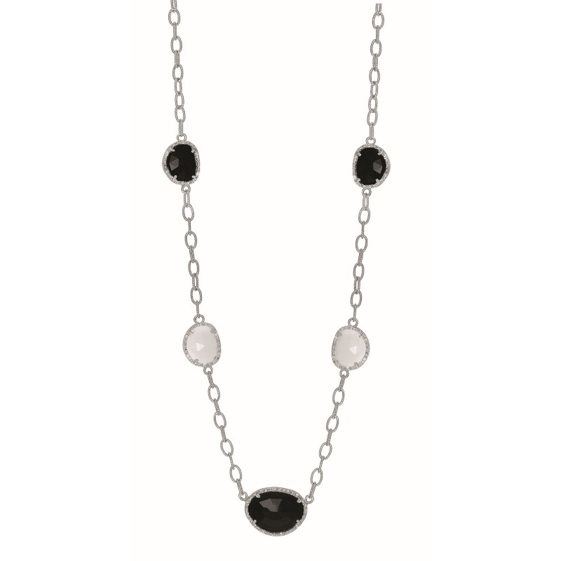 Silver  Gem Candy Oval L Ink 18 In Necklace With Diamonds, Black And White Agate