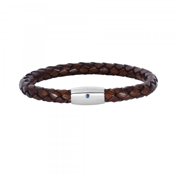 Silver With Rhodium Finish Woven Brown Leather Bracelet With Small Magnetic Clasp And  Blue Sapphire