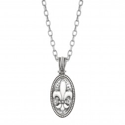 Silver Oval Fleur De Lis Pendant With Diamond