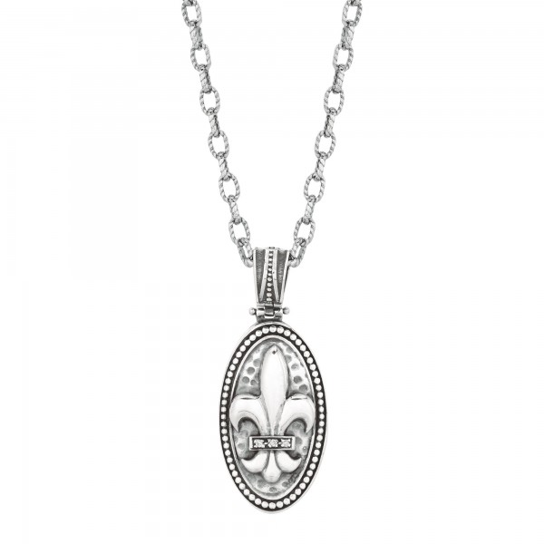 Silver Oval Fleur De Lis Pendant With Diamond