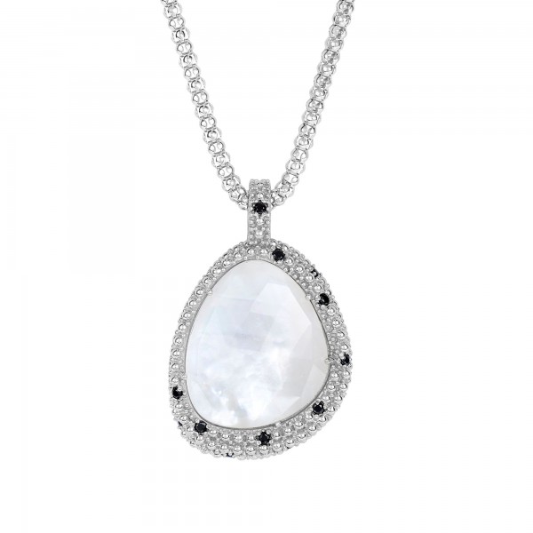 Silver Large Popcorn Teardrop Pendant With Mother Of Pearl And Black Spinel On 18In Chain