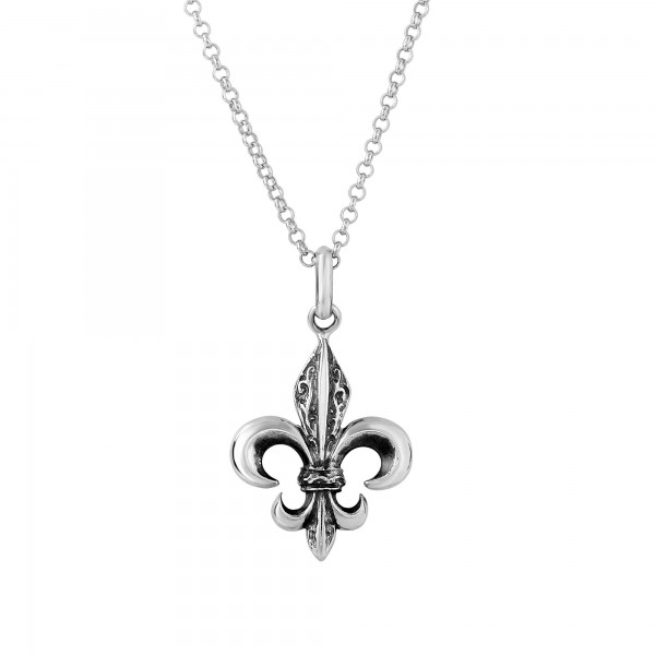 Silver Carved Fleur De Lis Pendant On 18In Chain