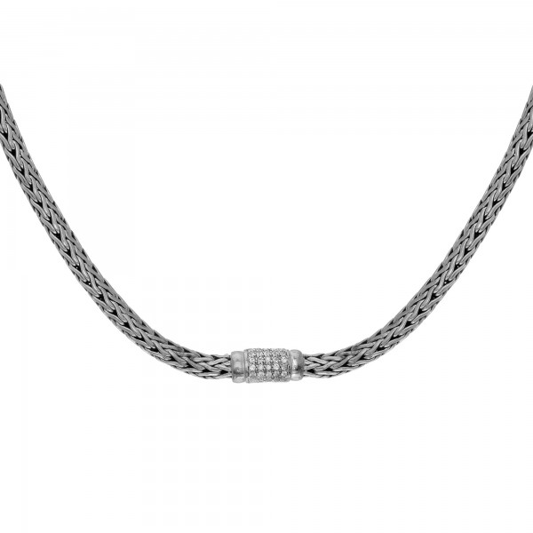 Silver 4X6Mm  Woven Necklace With White Sapphire