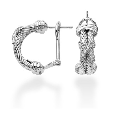 Sterling Silver Italian Cable Double Row Earrings With .10Ct Diamond X