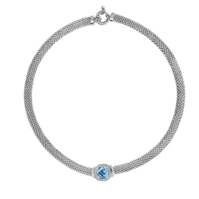 Silver Popcorn 17In Necklace With Diamonds And Cushion Cut Blue Topaz