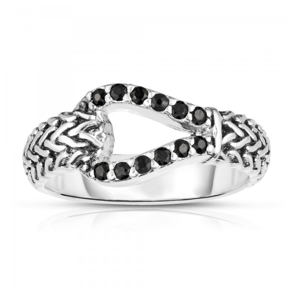 Woven Silver Hook Ring With Black Sapphires.
