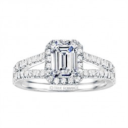 Emerald Cut Split Shank Halo Diamond Semi Mount Engagement Ring