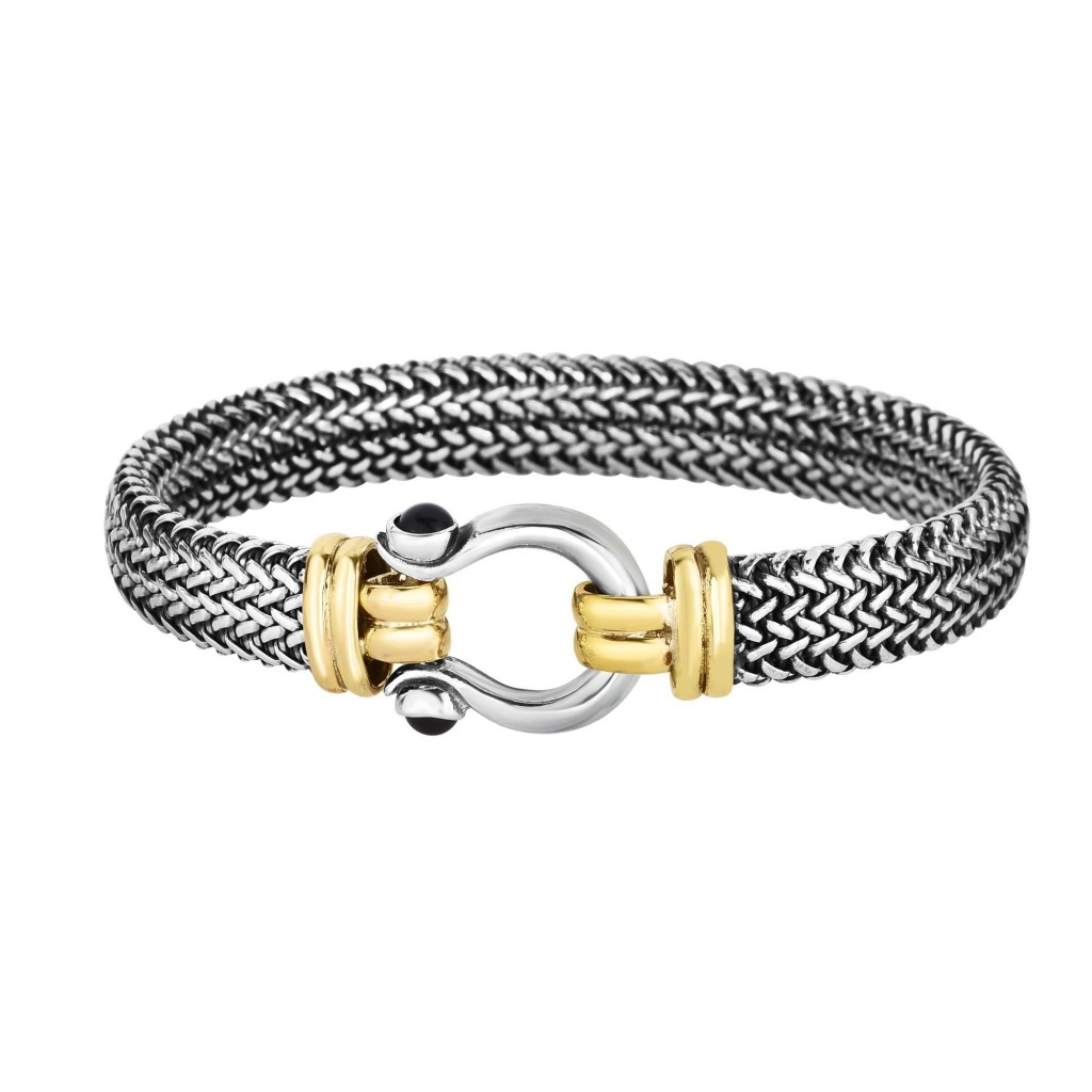 18Kt Gold And Silver 10Mm Tuscan Woven Buckle Style Bangle With Onyx Accents