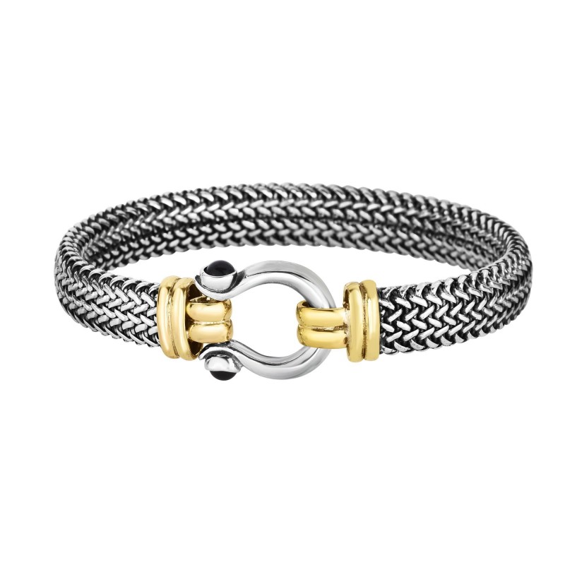 18Kt Gold And Silver 10Mm Tuscan Woven Buckle Style Bangle With Onyx Accents